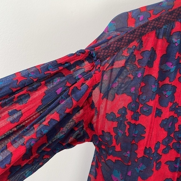 Free People Love Letter Boho Tunic Top Longsleeve Button down Blouse Blue Red XS - Picture 7 of 9